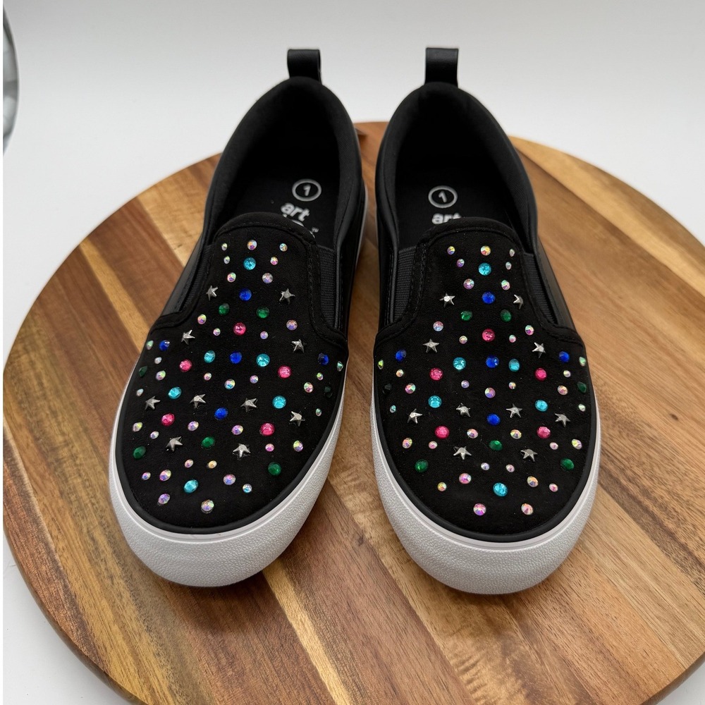 Art Class Hanna Kid's Size 1 Slip On Sneakers Black Rhinestone Star Studded 2424